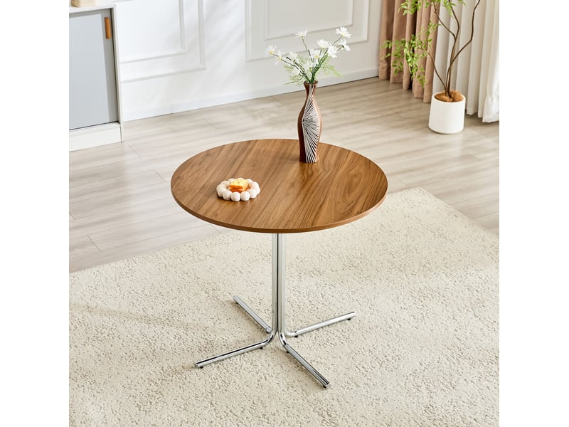  Table de salle à manger ronde fixe en mdf noyer avec piètement en métal chromé et patins antidérapants 85 × 76 cm  - Conforama B