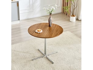 Table de salle à manger ronde fixe en mdf noyer avec piètement en métal chromé et patins antidérapants 85 × 76 cm
