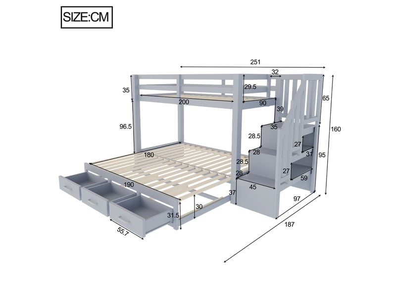 Lit superposé avec lit inférieur extensible 90x190 à 180x190 cm, rangements, gris - Conforama E