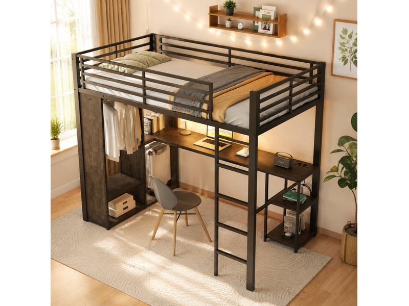  Lit mezzanine 90 × 200 cm 1 place avec bureau, étagères, led réglable et dressing ouvert, sans matelas  - Conforama B