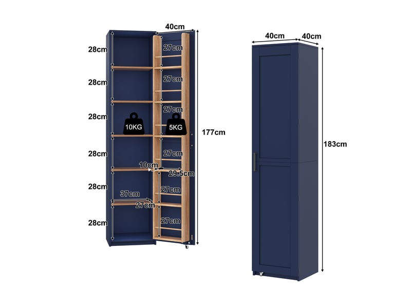  Colonne de cuisine avec étagères réglables et rangements de porte, pour petits espaces, bleu, 40 × 40 × 183 cm  - Conforama D