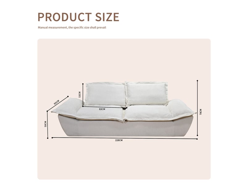 Canapé nuage droit 2 places, chenille blanc cassé, housses amovibles lavables, assise profonde, sous vide, sans montage, 228x95x78 cm, blanc cassé Morn Vibe - Conforama D