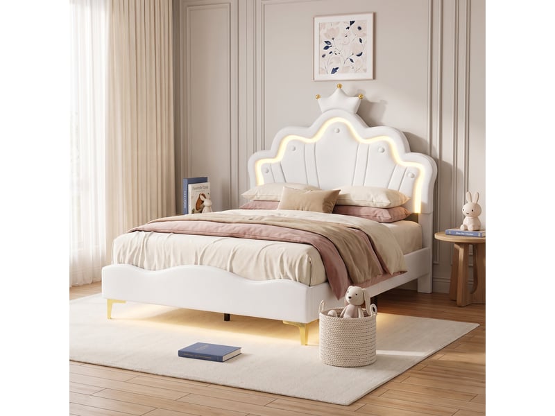  Lit simple 140x190 cm, lit capitonné enfant avec rgb led et tête de lit couronne réglable, lit capitonné avec sommier, blanc  - Conforama D