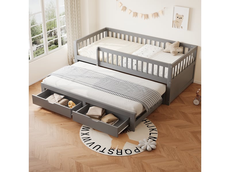  Canapé-lit en bois massif 90*200 cm gris pour enfant, lit gigogne, 2 tiroirs, sommier à lattes, sans matelas  - Conforama D