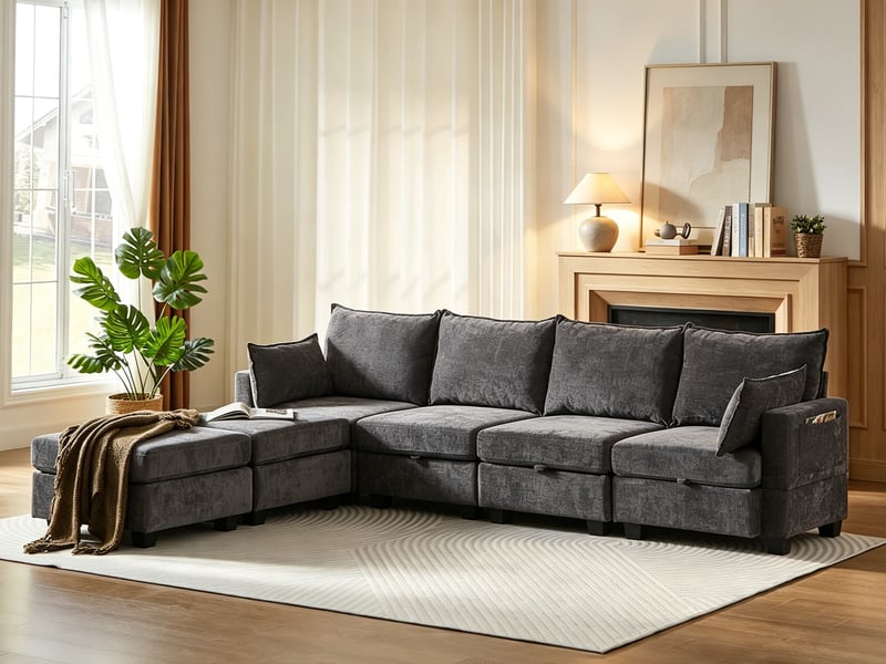  Canapé d’angle en chenille, forme u, ottomane rangement, 6 places avec méridienne, 87,6x289,6x141 cm, gris  - Conforama B