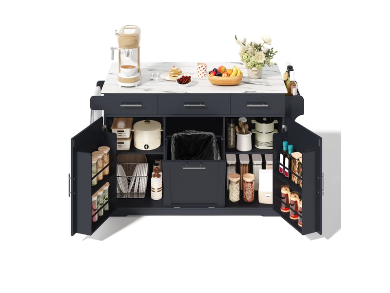 Île de cuisine mobile avec planche à découper pliante, chariot de cuisine sur roulettes avec 3 grands tiroirs, 2 étagères de porte et placard à poubelle, 136 x 50 (75) x 92 cm  - Conforama B