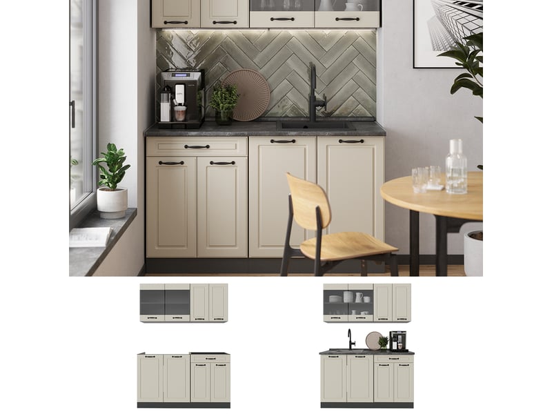  Vicco cuisine, sable campagneanthracite, 140cm plan de travail chêne doré  - Conforama D