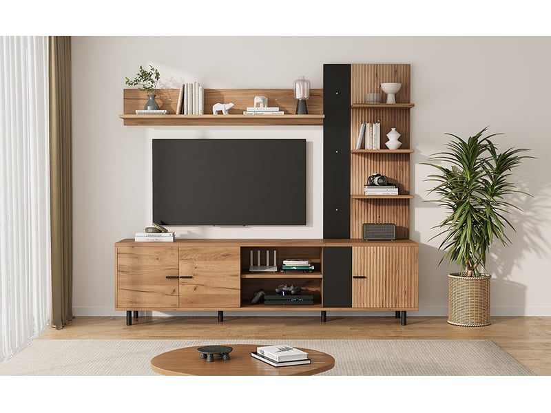  Meuble tv, avec étagères, 187,5 x 40 x 167 cm, en bois, coloris noir, pour salon, solution de rangement fonctionnelle, pour intérieur  - Conforama R