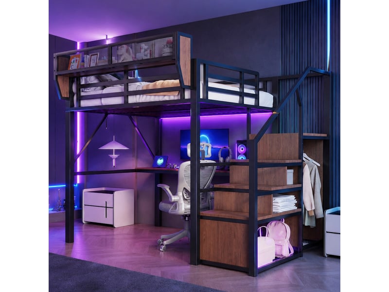  Lit mezzanine 140x200 cm, lit enfant, rangement, bureau, échelle sécurisée, led, métal noir  - Conforama A