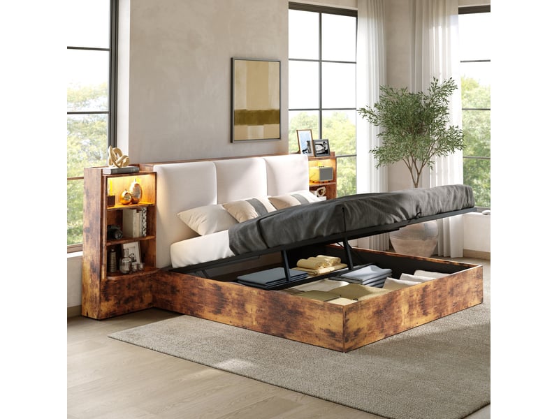 Lit double 180 × 200 cm avec rangement hydraulique, tête de lit rembourrée, 6 niches et éclairage led marron - Conforama B