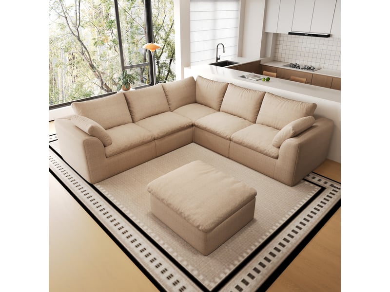  Canapé panoramique 6 places 245x245 cm en tissu lin kaki  - Conforama B