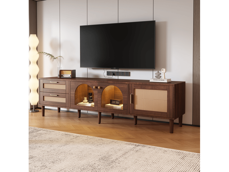  Meuble tv 180x40x50 cm avec led, 2 tiroirs en rotin, panneaux de particules marron  - Conforama D