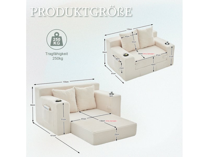  Canapé convertible 2 places modenvie en velours côtelé beige avec pouf, rangement latéral et porte-gobelet 151 x 133 x 64 cm  - Conforama C