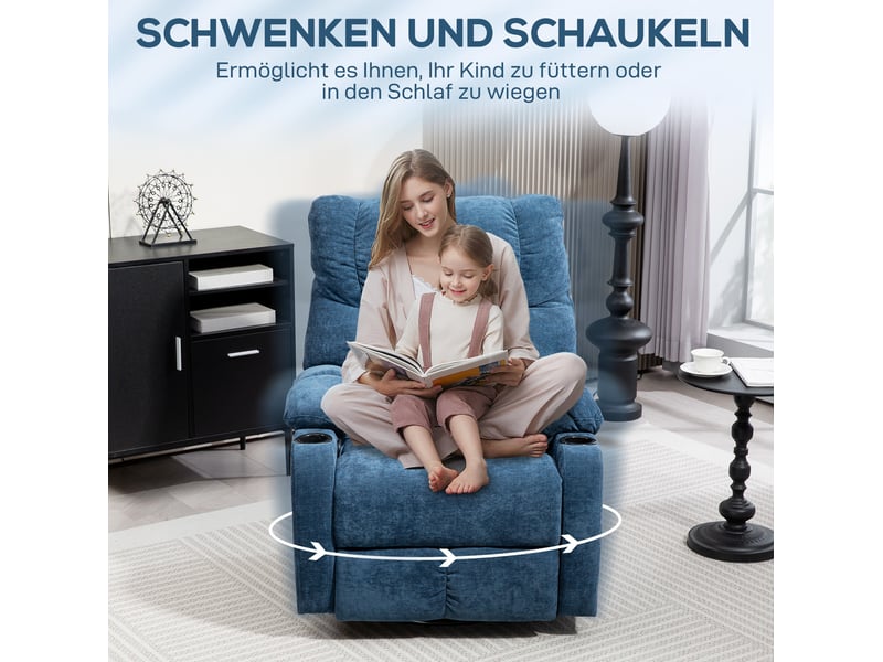 Fauteuil relax pivotant et à bascule avec repose-pieds, porte-gobelets et dossier inclinable en polyester bleu - Conforama D