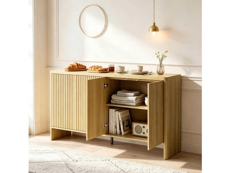  Buffet bas 147x40x77 cm, avec 4 portes sans poignées, rainures, angles arrondis, mdf finition chêne, rangement salon  - Conforama B