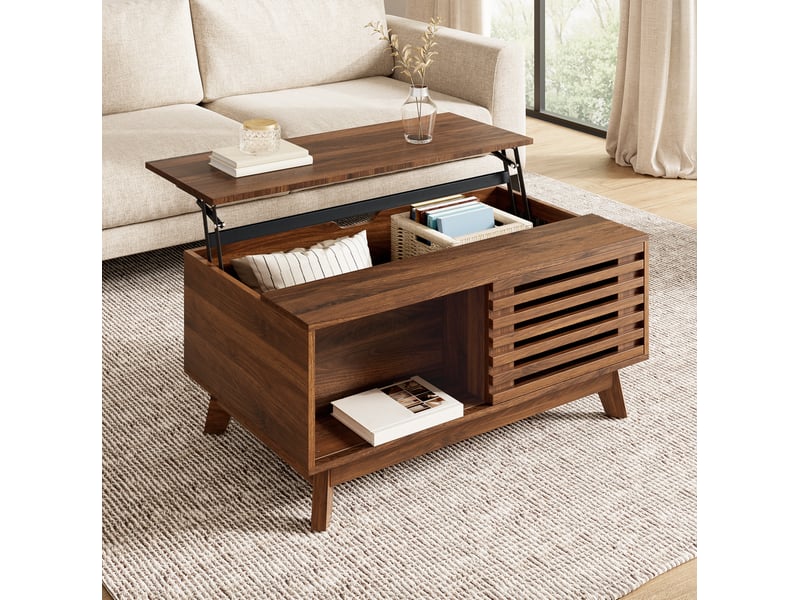  Table basse 90x55x57.5 cm plateau relevable extensible, porte à lamelles coulissante en mdf coloris noyer  - Conforama B
