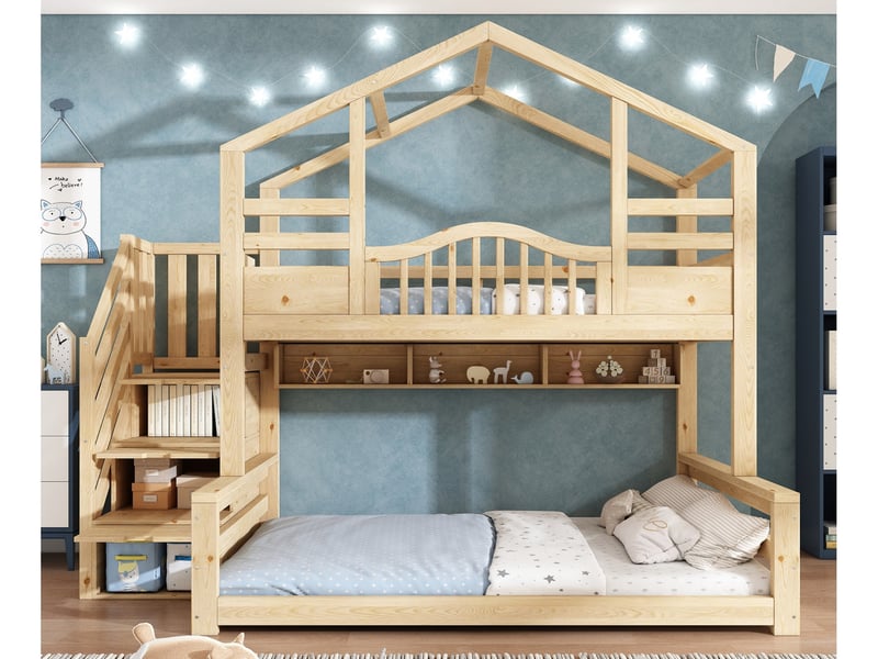  Lit superposé, 90x200 cm et 140x200 cm, avec toit, échelle, armoire de rangement, étagères, bois, beige et naturel clair  - Conforama B