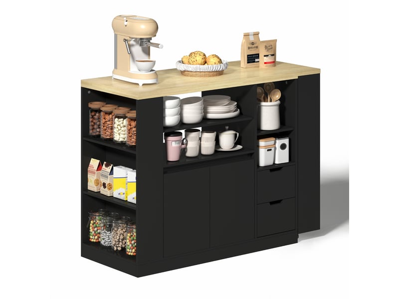  Îlot de cuisine avec plan de travail extensible 115cm, meuble bar à café en bois (sans matelas).  - Conforama A
