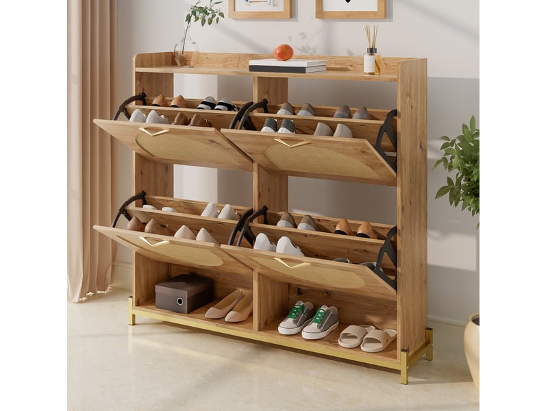  Meuble à chaussures 4 portes en mdf avec détails en rotin, finition bois  - Conforama B