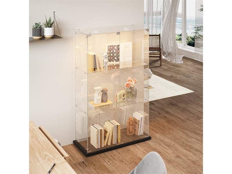  Vitrine en verre 123.3x79.8x35cm - vitrine 2 portes 3 niveaux avec éclairage tactile et base noire - meuble de présentation - noir  - Conforama C