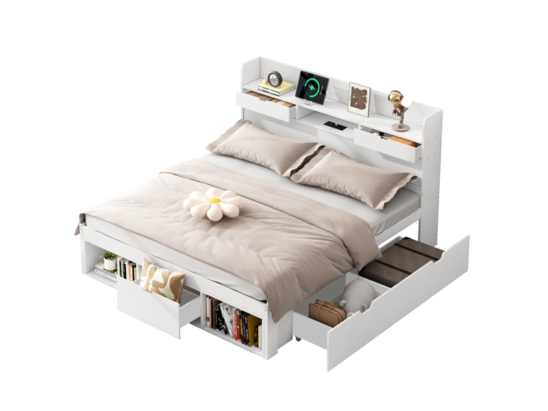  Lit enfant 140x190 cm, lit multifonction avec rangement, tiroirs et placard intégré, usb et type-c, bois blanc Radiant Stride - Conforama A