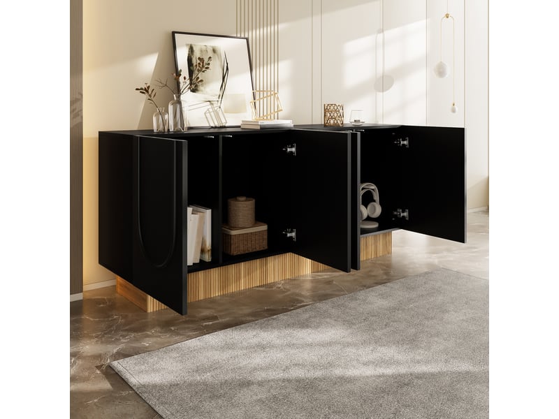  Buffet 160x75x38 cm avec 4 portes, meuble de rangement à 4 compartiments, façades à relief en u et socle décor bois, finition mate, noir OPULERANE TRADING LTD - Conforama E
