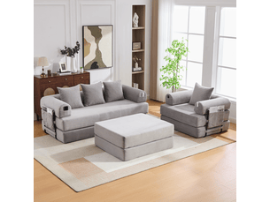 Canapé modulaire 4 places en velours côtelé avec pouf métal coussins mousse haute densité