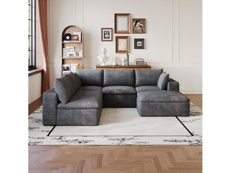  Canapé d'angle modulable modenvie 6 places en velours côtelé gris foncé 260 x 250 cm, coussins amovibles  - Conforama D