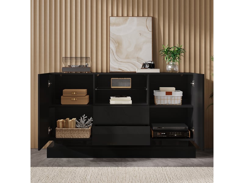  Buffet avec led pilotée par appli, 2 portes, 2 tiroirs, niche ouverte avec étagère en verre, façades brillantes, panneaux de particules,noir evarich - Conforama E