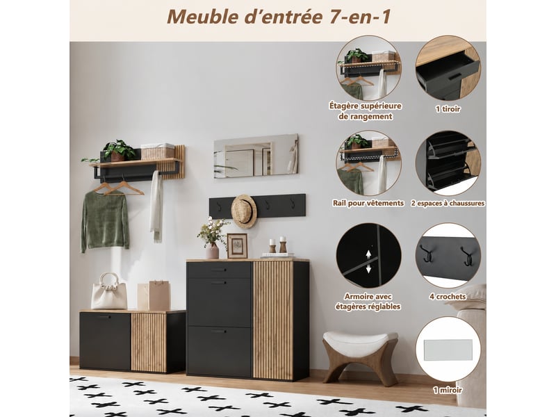 Ensemble meuble d’entrée 5 pièces avec miroir, banc et rangements, bois naturel et noir - Conforama C