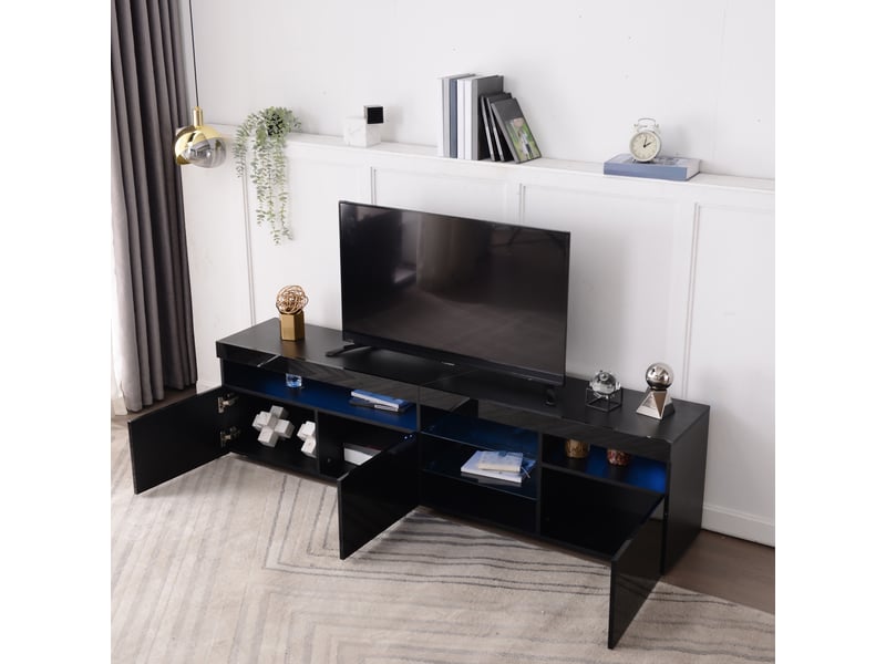  Meuble tv noir 180 cm moderne haute brillance avec éclairage led variable et étagères en verre  - Conforama C