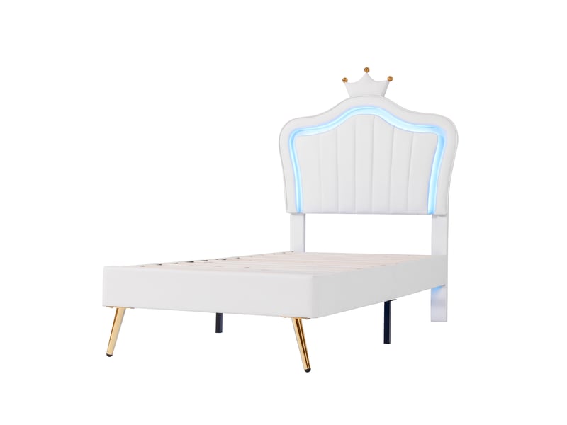 Lit 2 places pour filles,lit enfant en pu cuir 90x200cm avec couronne et lumières led en 16 couleurs,en forme de coquille,tête de lit réglable en hauteur,sans matelas,blanc lit enfant blanc - Conforama D