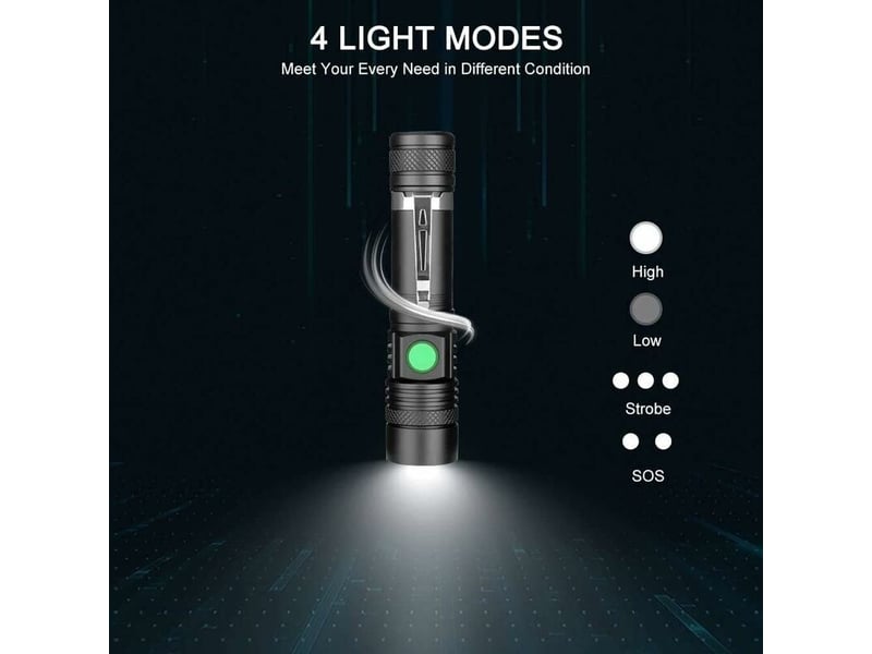  Lampe torche led rechargeable usb, lampe de poche 600 lumens, ip65 étanche, 4 modes eclairage, lampe de poche zoomable (batterie incluse)  - Conforama D