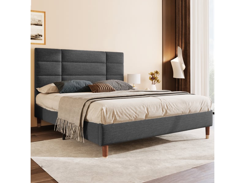  Lit double 140x200cm avec sommier à lattes, cadre de lit rembourré avec tête de lit, en lin gris foncé, pour adulte et adolescents  - Conforama R