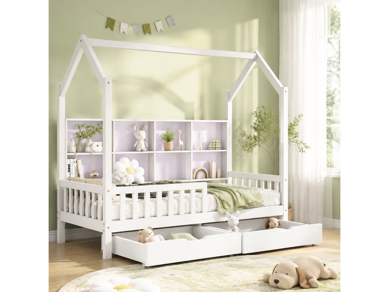  Lit enfant cabane 90 x 200 cm blanc en pin avec étagère et 2 tiroirs  - Conforama C
