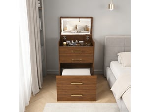 Coiffeuse d'angle 3 en 1 avec miroir 60x40x118 cm, meuble de chambre, 3 tiroirs, plateau en verre, mdf, couleur noyer