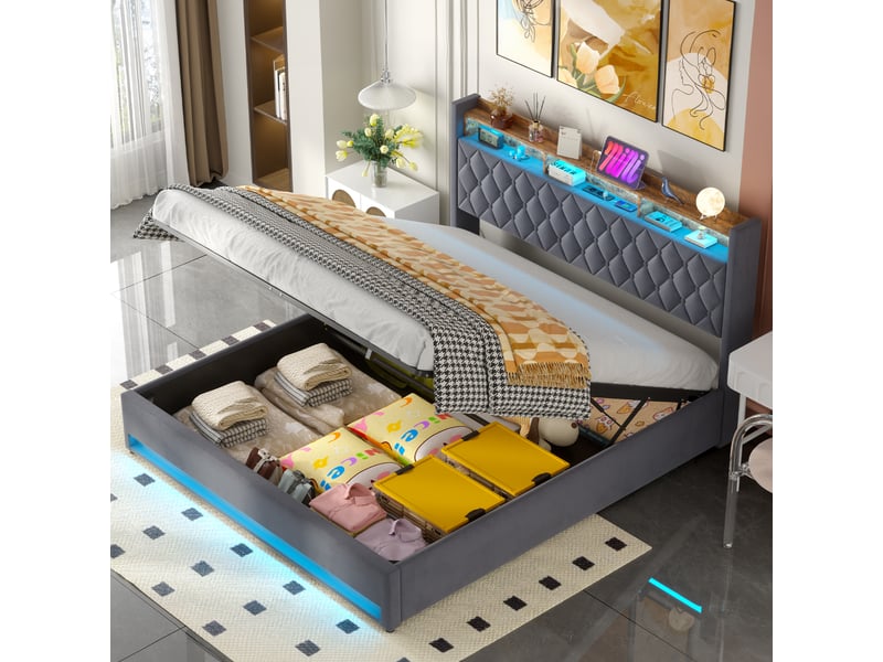 Lit coffre 180x200cm lit 2 place avec led prise, usb, rangement, tête de lit, velours hollandais, gris, sans matelas - Conforama R