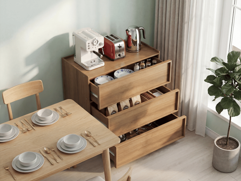 Commode 3 tiroirs effet chêne, meuble de rangement en bois pour chambre, salon et entrée - Conforama B