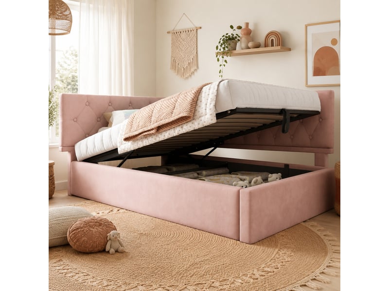 Lit coffre 90x190 cm avec dossier réversible, métal, rose, sans matelas  - Conforama B