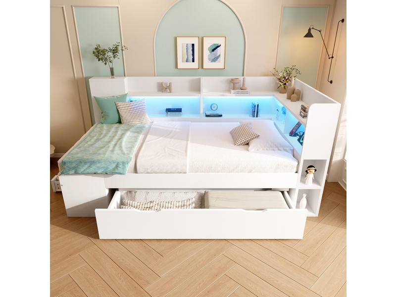 Lit banquette simple 90 × 200 cm avec led, usb, type c, rangements et tiroirs, matelas inclus, blanc - Conforama B