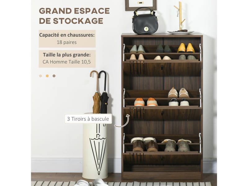  Meuble à chaussures à 3 abattants 18 paires grande capacité pour entrée couloir salon 63 x 24 x 117 cm noyer foncé  - Conforama E