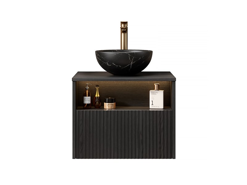  Meuble sous vasque suspendu avec 1 tiroir, niche ouverte et led à détection pour salle de bain noir 60 × 46 × 60,8 cm  - Conforama A