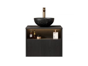 Meuble sous vasque suspendu avec 1 tiroir, niche ouverte et led à détection pour salle de bain noir 60 × 46 × 60,8 cm