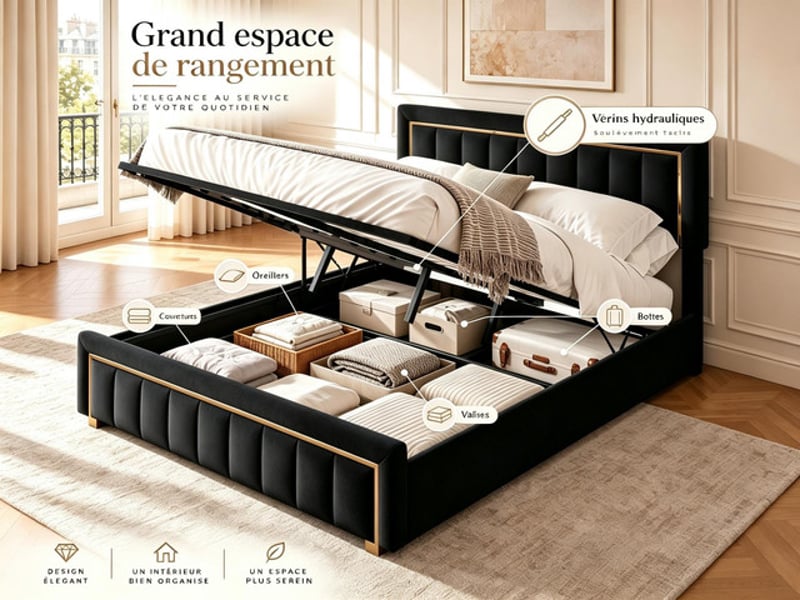  Lit coffre 160x200 cm ezssw, coloris noir  - Conforama D
