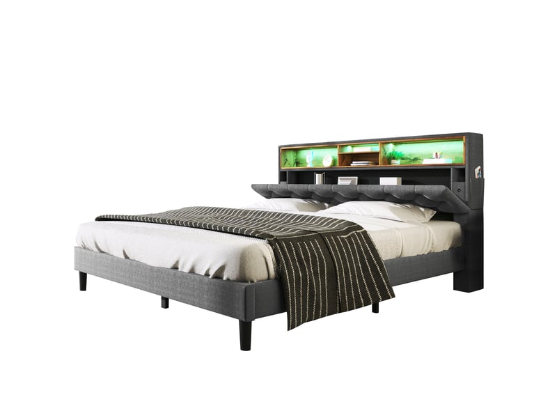 Lit double rembourré 140 x 200 cm avec tête de lit rangement et led gris - Conforama A