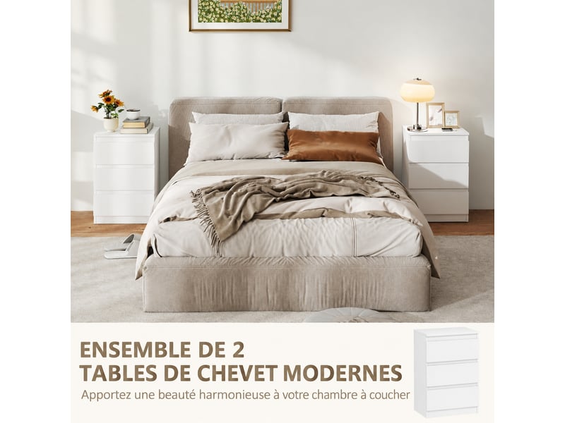 Lot de 2 tables de chevet blanches, 3 tiroirs chacune sans poignées, mdf mélaminé, 40 x 30 x 59,5 cm  - Conforama E