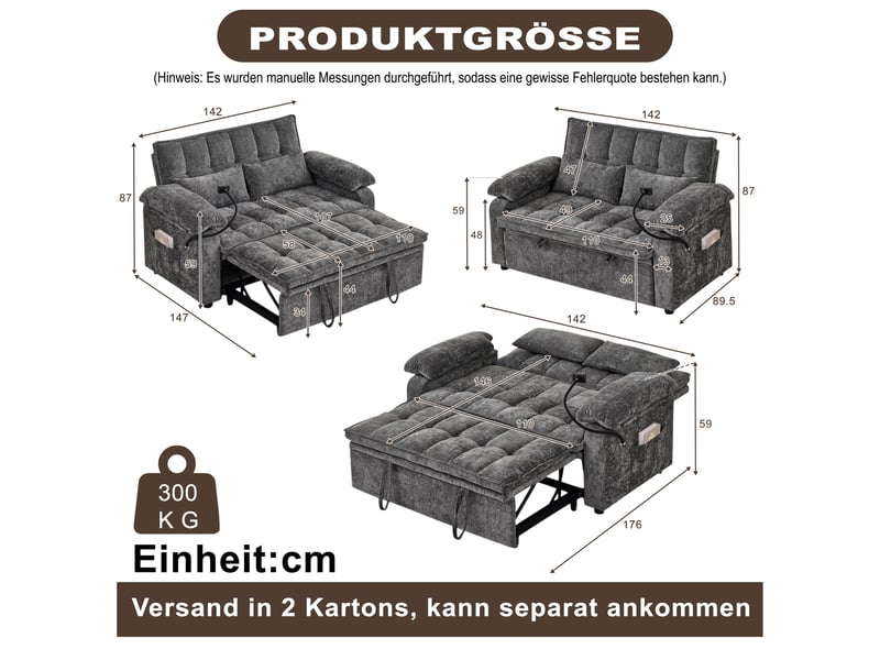  Canapé convertible 3-en-1 142 x 90 x 87 cm avec assise moelleuse, 2 coussins lombaires, tablette et porte-gobelet, chenille, gris OMNIGLINT TRADING LTD - Conforama D