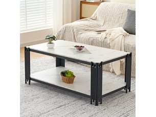 Table basse avec 2 étagères et plateau imitation marbre, en mdf et métal, blanc et noir, 114 × 64 × 46 cm