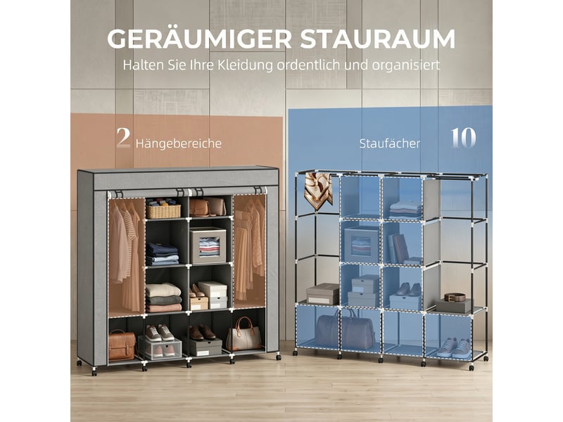  Armoire en tissu 2 tringles 10 compartiments à roulettes gris 166 x 42,5 x 167 cm  - Conforama D