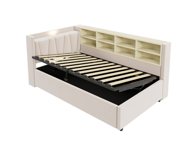 Canapé-lit avec rangement 90 x 200 cm – avec éclairage – avec ports de charge usb et type-c – avec compartiments de rangement – beige (matelas non inclus) - Conforama W